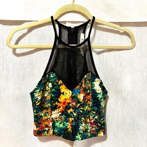 Sleeveless Crop Top | Floral Design with Mesh Detail | Size Small